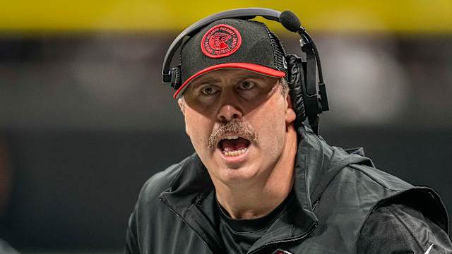 Sep 10, 2023; Atlanta, Georgia, USA; Atlanta Falcons head coach Arthur Smith reacts to a call during the game against the Carolina Panthers during the second half at Mercedes-Benz Stadium.